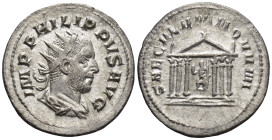 Philip I Arab AD 244-249. Antoninianus (4.1 Gr. 27mm.)
Radiate, draped and cuirassed bust right 
Rev. Hexastyle temple, containing statue of Roma seat...