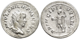 Philip II as Caesar, AD 244-247. Antoninianus. (21mm, 3.2 g). Rome. Obv: M IVL PHILIPPVS CAES. Bust of Philip II, radiate, draped, cuirassed, right. R...