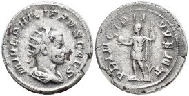 Philip II, as Caesar (AD 247-249). AR antoninianus (21mm, 4.0 g). Rome. M IVL PHILIPPVS CAES, radiate, draped bust of Philip II right, seen from behin...