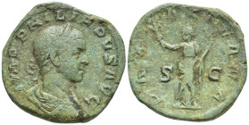 PHILIP II (247-249). Sestertius. Rome. (19.7 Gr. 29mm.)
 Laureate, draped and cuirassed bust right. 
Rev. Pax standing facing, head left, holding bran...