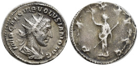 Volusian AR Antoninianus. (19mm, 3.7 g) Rome, AD 251-253. IMP CAE C VIB VOLVSIANO AVG, radiate, draped and cuirassed bust to right / PAX AVGG, Pax sta...