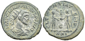 Probus. 276 - 282 AD. Bronze Antoninianus. Antioch. (3.7 Gr. 21mm.)
Radiate, draped and cuirassed bust right. 
Rev. Emperor standing right, holding ea...