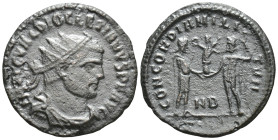 Diocletian Æ Antoninianus (20m, 2.9 g). Heraclea. AD 284-305. IMP C C VAL DIOCLETIANVS P F AVG, Radiate, draped and cuirassed bust right / CONCORDIA M...