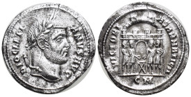 Diocletian. AD 284-305. AR Argenteus (17mm, 2.9 g). Cyzicus mint. Struck circa AD 294-295. Laureate head right / VICTORI A SARMATICA, the four tetrarc...