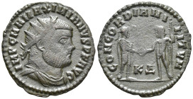 Maximianus (First reign, 286-305) AE (21mm, 2.4 g) Cyzicus, 295-299. Obv: IMP C M A MAXIMIANVS P F AVG, radiate, draped and cuirassed bust of Maximian...