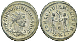 Maximianus. First reign, 286-305. Antoninianus (3.5 Gr. 21mm.). Cyzicus. 
Radiate and cuirassed bust right. 
Rev. Jupiter presents Victory on a globe ...