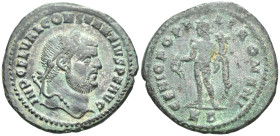 Constantius I. AD 305-306. Æ Follis (28mm, 9.4 g). Cyzicus mint, 2nd officina. Laureate head right / Genius standing left, holding patera from which l...