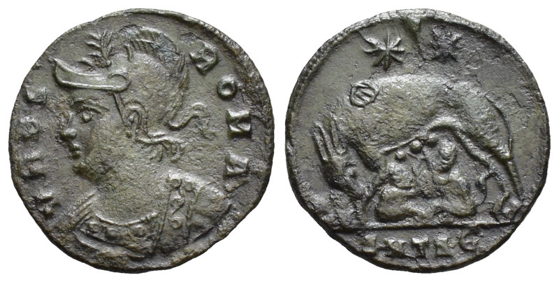 Commemorative AD 335-337. Antioch Follis (1.7 Gr. 17mm.) 
Rev. Helmeted head of ...