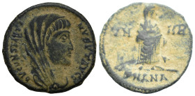 Divus Constantine I Æ Half Nummus. Antioch, AD 347-348. (1.8 Gr. 14mm.)
Veiled head right 
Rev. VN-MR across field, Constantine, veiled, standing righ...