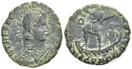 Theodosius I AD 379-395. Struck AD 378-383. Constantinople Follis Æ (19mm, 3.5 g) D N THEODOSIVS P F AVG, helmeted, pearl-diademed, draped and cuirass...