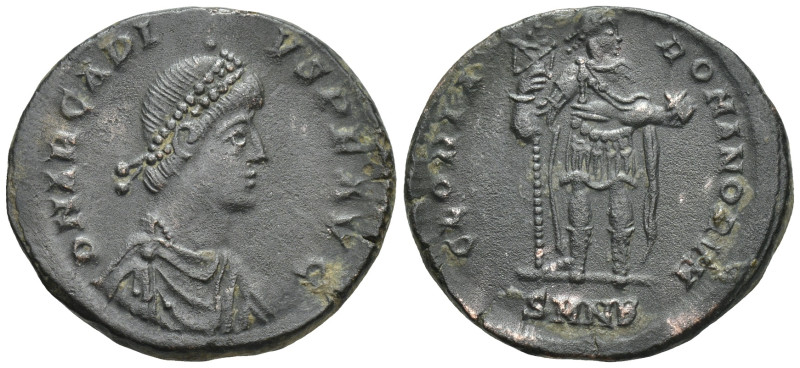 Arcadius (383-408). Æ (21mm, 5.2 g). Nicomedia, 392-395. Pearl-diademed, draped ...