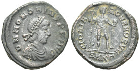 Honorius. AD 393-423. Æ Follis (22mm, 5.6 g) DN HONORIVS PF AVG. Pearl-diademed, draped and cuirassed bust right. / GLORIA ROMANORVM / SMKΓ. Honorius ...