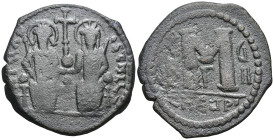 Justin II, with Sophia. 565-578. Æ follis. (29mm, 13.2 g). Theoupolis (Antioch) mint, 3rd officina. Dated RY 8 (572/573). Justin and Sophia seated fac...