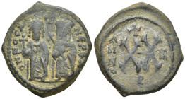 Phocas, with Leontia (602-610) AE Half Follis (20mm, 5.1 g) Theoupolis (Antioch), Dated RY 3 (604/5). Obv: Phocas and Leontia standing facing, holding...