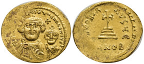 Heraclius, 610 – 641 and associate rulers from 613 Solidus 610-613, AV (21mm, 4.4 g). dd NN [hERACLI]ЧS Eτ hRA CONST PP A Facing busts of Heraclius on...