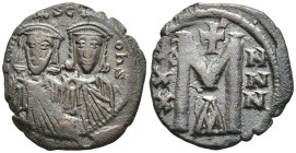 Leo III 'the Isaurian' and Constantine V, AD 717-741. AE, Follis. (22mm, 5.2 g). Constantinople. Obv: LEOҺ- SC-OҺSƮ. The busts of Leo, with short bear...