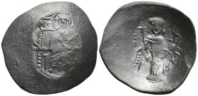 MANUEL I.1160-1164 AD. Constantinople mint.AE Trachy. (24mm, 3.2 g) MP-ΘV to left and right of Mary, nimbate, seated facing on throne without back, ho...