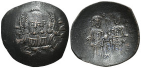 Alexius III Angelus Comnenus. AD 1195-1203. AE, Aspron Trachy. (22mm, 2.3 g). Constantinople. Obv: Facing bust of Christ Pantokrator. Rev: Alexius and...