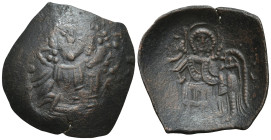 Latin Rulers of Constantinople, AD 1204-1261. AE, Trachy. (22mm, 2.3 g). Constantinople. Obv: IC – XC. Facing bust of Christ, holding Gospels and rais...