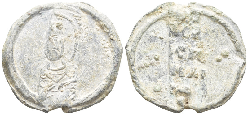 Byzantine Lead Seal (23mm, 8.0 g). Bust of St Nicholas offering a blessing and h...