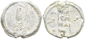 Byzantine Lead Seal (23mm, 8.0 g). Bust of St Nicholas offering a blessing and holding the Gospel. Rev. Legend lines.