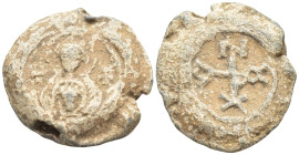 Byzantine Lead Seal, (22mm, 12.6 g) Nimbate facing bust of the Virgin Mary, orans, with small medallion of young Jesus Christ over her breast. / Cruci...