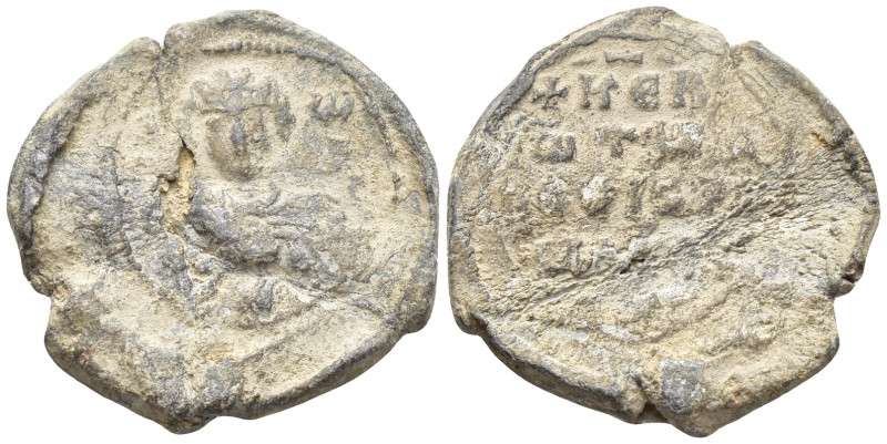Byzantine Lead Seal, (22mm, 6.1 g) Nimbate facing bust of Saint George, holding ...