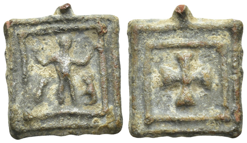 Pendant with human and animal figures on one side and a cross within a square on...