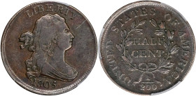 1805 Draped Bust Half Cent. C-1. Rarity-1. Medium 5, Stemless Wreath. VF-35 (PCGS).

PCGS# 1081. NGC ID: 222H.