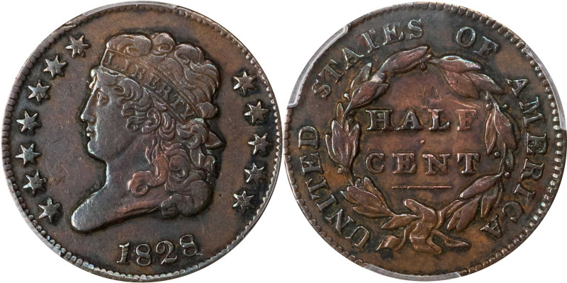 1828 Classic Head Half Cent. C-2. Rarity-1. 12 Stars. EF Details--Cleaned (PCGS)...