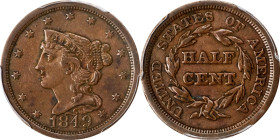 1849 Braided Hair Half Cent. C-1. Rarity-2. Large Date. EF-45 (PCGS).

PCGS# 1218. NGC ID: F73D.