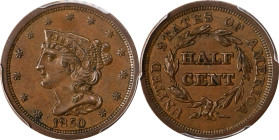 1850 Braided Hair Half Cent. C-1. Rarity-2. AU Details--Tooled (PCGS).

PCGS# 1221. NGC ID: 26YV.