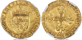 France Charles VIII gold Écu d'Or ND (1483-1498) AU55 NGC, Rouen mint, Fr-318, Dup-575. 3.32gm. Burnt sienna penetrates the peripherals, adding spice ...