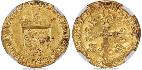 France François I gold Écu d'Or au soleil ND (1515-1547) UNC Details (Cleaned) NGC, Lyon mint, Fr-345, Dup-775. 3.40gm. Pockets of carmine toning emer...