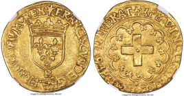 France François I gold Écu d'Or à la croisette ND (1541-1547)-B MS61 NGC, Rouen mint, Fr-351, Dup-889. 3.38gm. Struck on a slightly irregular planchet...