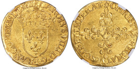 France Charles IX (1560-1574) gold Écu d'Or au soleil 1563-A MS61 NGC, Paris mint, Fr-378, Dup-1057. 3.33gm. Displaying a balanced symmetry because of...