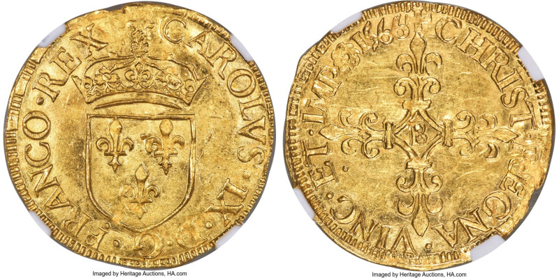 Charles IX (1560-1574) gold Écu d'Or au soleil 1566-B MS64 NGC Rouen mint, Fr-37...