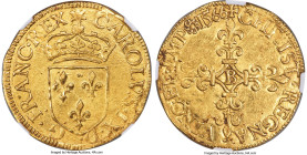 France Charles IX gold Écu d'Or au soleil 1566-B MS61 NGC, Rouen mint, Fr-378, Dup-1057. 3.34gm. The only example of this date and mint combination at...