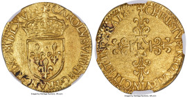 France Charles IX gold Écu d'Or au soleil 1566-K UNC Details (Cleaned) NGC, Bordeaux mint, Fr-378, Dup-1057. Highly desirable in uncirculated conditio...