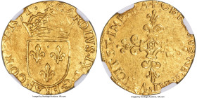 France Charles IX (1560-1574) gold Écu d'Or au soleil 1571-H AU58 NGC, La Rochelle mint, Fr-378, Dup-1057. 3.35gm. Slightly off center on the reverse ...