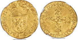 France Charles IX (1560-1574) gold Écu d'Or au soleil 1572-B MS61 NGC, Rouen mint, Fr-378, Dup-1057. 3.34gm. Strong throughout aside from some nicks t...