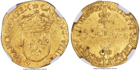 France Charles IX (1560-1574) gold Écu d'Or au soleil 1573-B MS61 NGC, Rouen mint, Fr-378, Dup-1057. 3.35gm. The only example of the type and date fro...