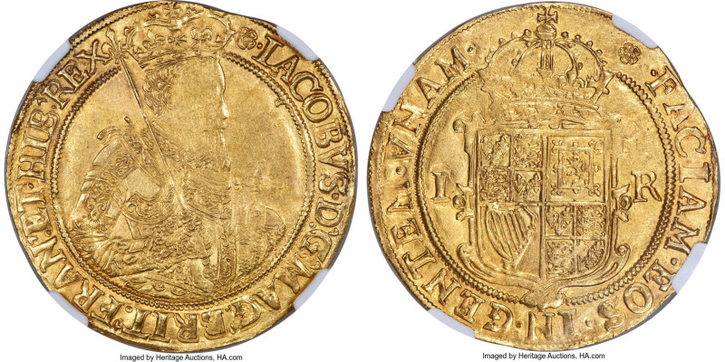 James I (1603-1625) gold Unite ND (1605-1606) MS62 NGC, Tower mint, Rose mm, Sec...