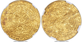 Netherlands Kampen. City gold Imitative Rose Noble ND (1600-1602) AU55 NGC, Kampen mint, KM13, Fr-151-2. 7.52gm. Inverted C on flag (obverse). Quite s...