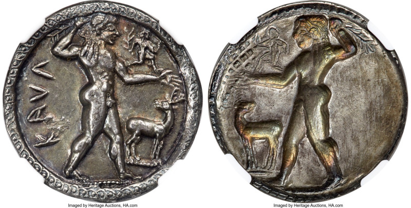 BRUTTIUM. Caulonia. Late 6th century BC. AR stater (30mm, 8.24 gm, 12h). NGC AU ...