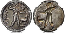 Ancients BRUTTIUM. Caulonia. Late 6th century BC. AR stater (30mm, 8.24 gm, 12h). NGC AU 5/5 - 4/5, Fine Style, light marks. Ca. 520 BC. KAVΛ, full-le...