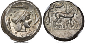 Ancients SICILY. Syracuse. Deinomenid Tyranny, Hieron I (ca. 475-470 BC). AR tetradrachm (24mm, 17.22 gm, 12h). NGC AU 4/5 - 5/5. Charioteer driving b...