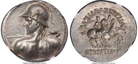 Ancients BACTRIAN KINGDOM. Eucratides I the Great (ca. 170-145 BC). AR tetradrachm (33mm, 17.04 gm, 1h). NGC Choice AU S 5/5 - 4/5, Fine Style. Diadem...