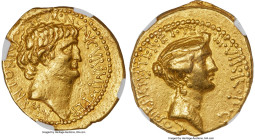 Ancients Marc Antony, as Triumvir and Imperator (44-30 BC), with Octavia. AV aureus (20mm, 8.09 gm, 1h). NGC Choice VF 4/5 - 3/5. Military mint travel...