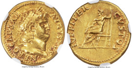 Ancients Nero, as Augustus (AD 54-68). AV aureus (18mm, 7.36 gm, 5h). NGC Choice VF S 5/5 - 4/5. Rome, ca. AD 64-65. NERO CAESAR-AVGVSTVS, laureate he...